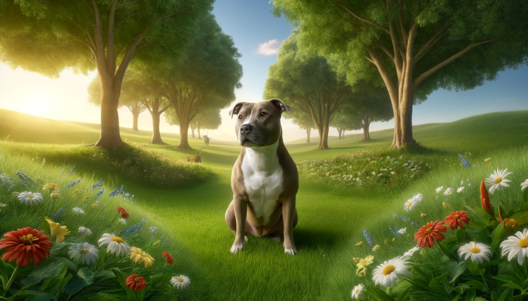 the serene and gentle nature of pit bulls, countering common myths with a portrayal of tranquility and friendliness in a natural setting.